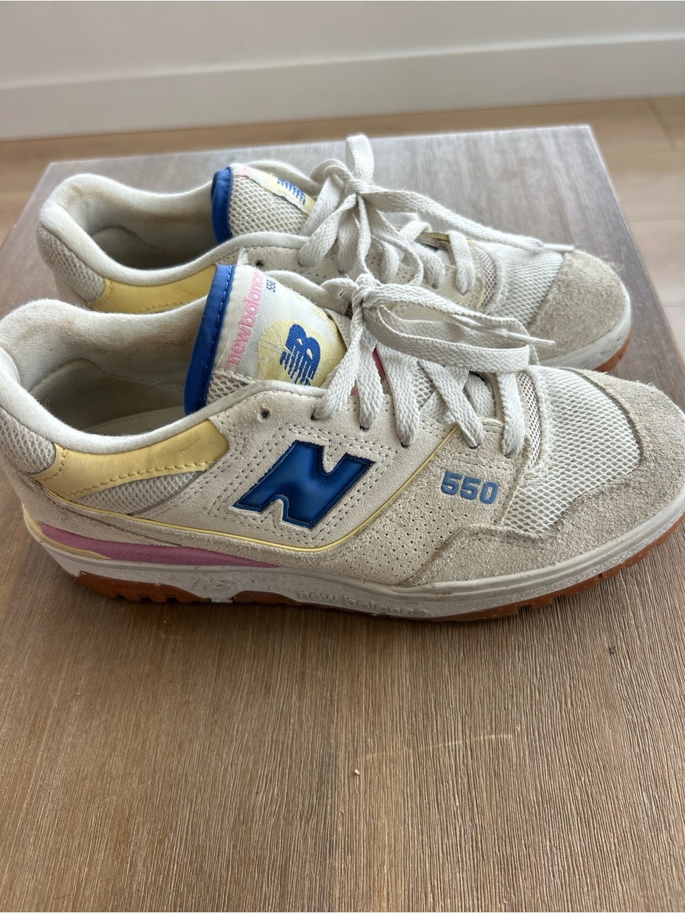 New Balance 550 Cream and Blue Athletic Sneakers